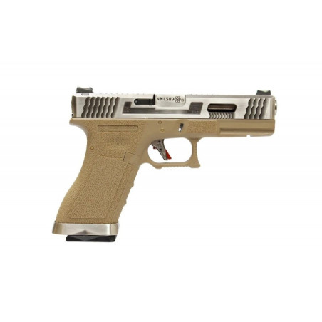 R18C (G002WET-8) Gen4 T8, metal slide, silver barrel, GBB, TAN