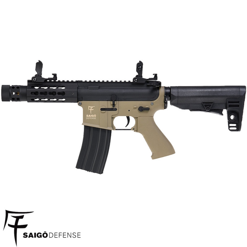 Réplique airsoft AEG Kenji Short Tan en situation CQB Saigo Defense