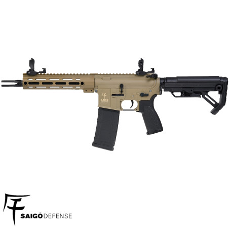 Réplique airsoft AEG M4 Tan présentée de profil Saigo Defense Shinobi